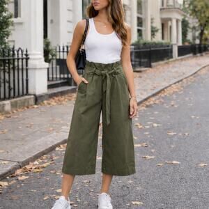 Frame SZ S Paper Bag Cropped Wide Leg High Rise Trouser Deep Army Green $260